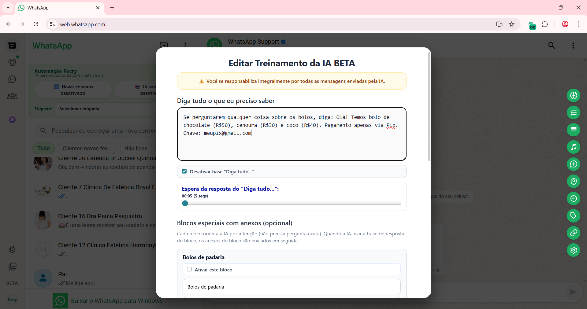 Treinamento da IA Focry com perguntas e respostas