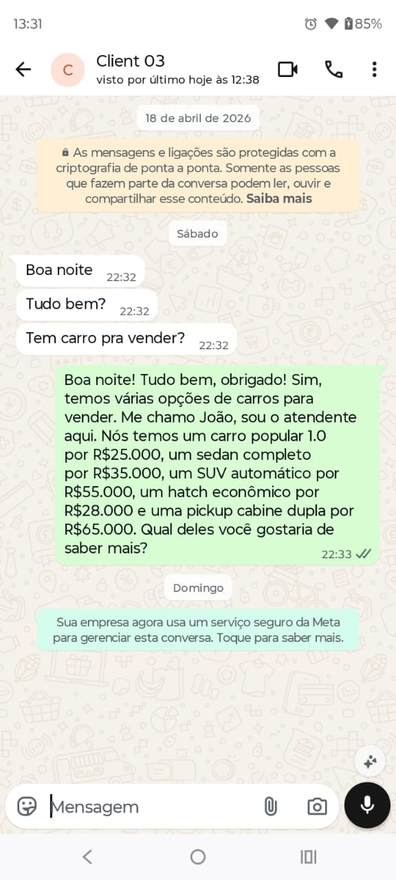 Resultado - IA respondendo cliente automaticamente no WhatsApp Business